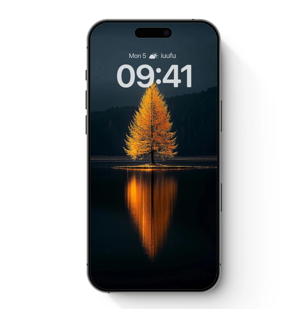 Golden Solitude: Autumn Tree Reflection on Dark Lake
