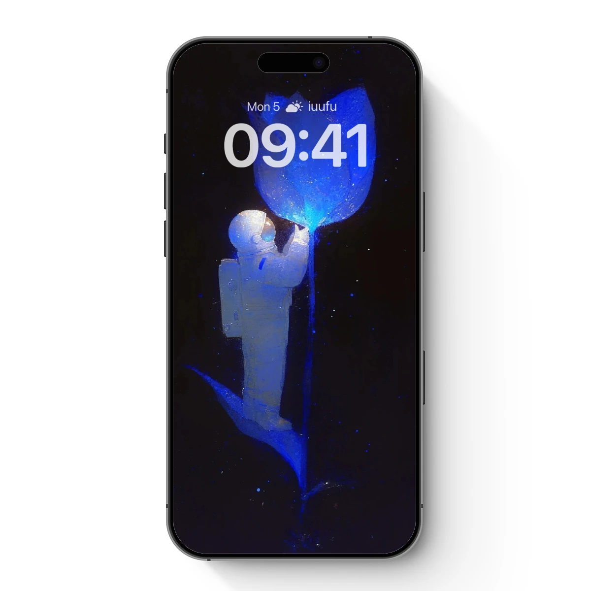 Astronaut Tending to a Glowing Blue Tulip in Space