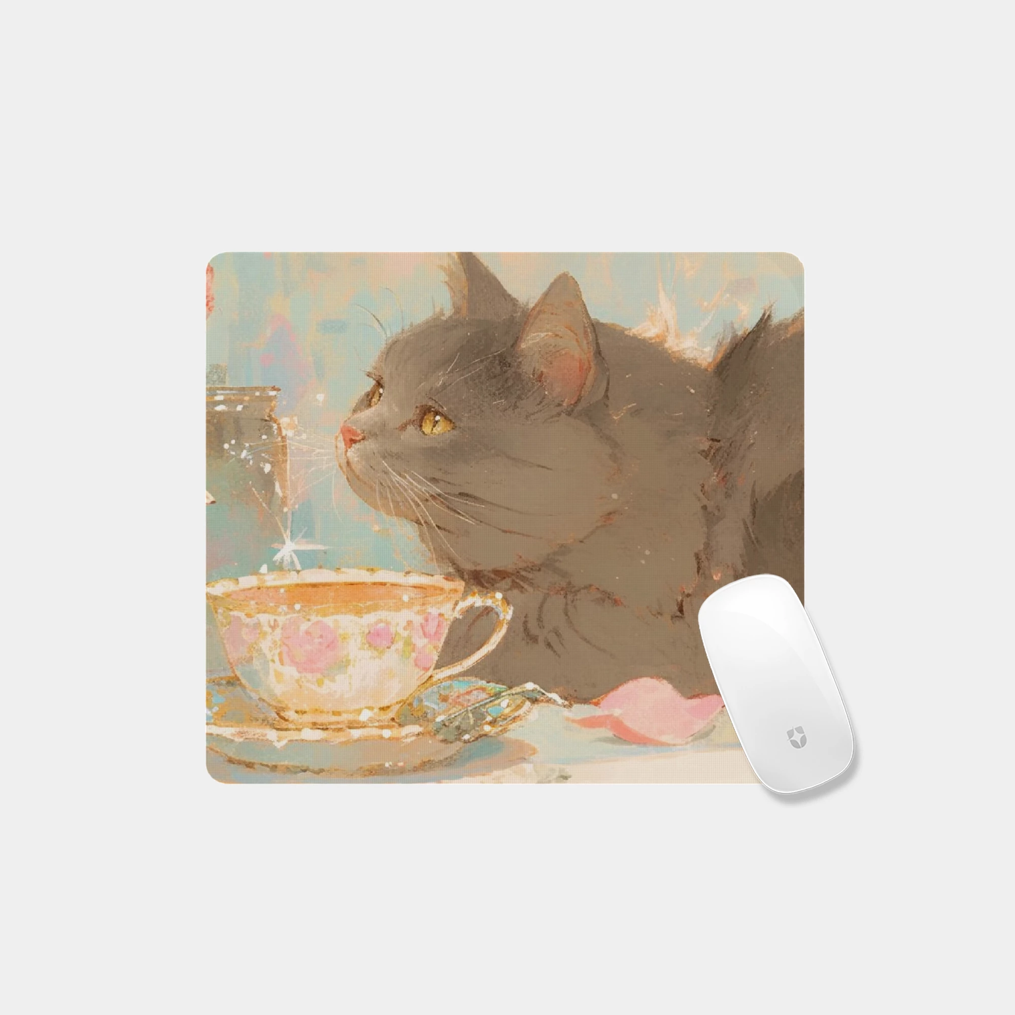 Gray Cat with Tea Cup Illustration Glass mouse pad - Image 4
