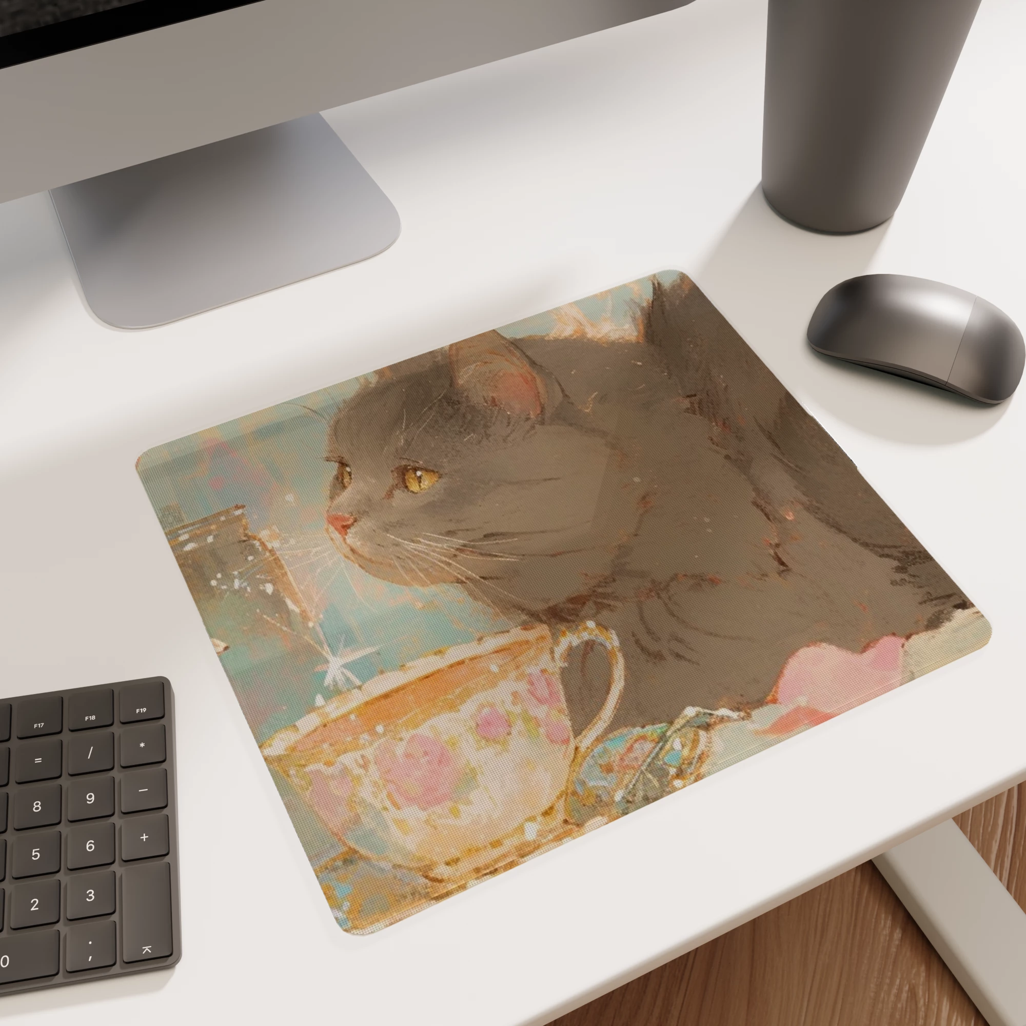 Gray Cat with Tea Cup Illustration Glass mouse pad - Image 5