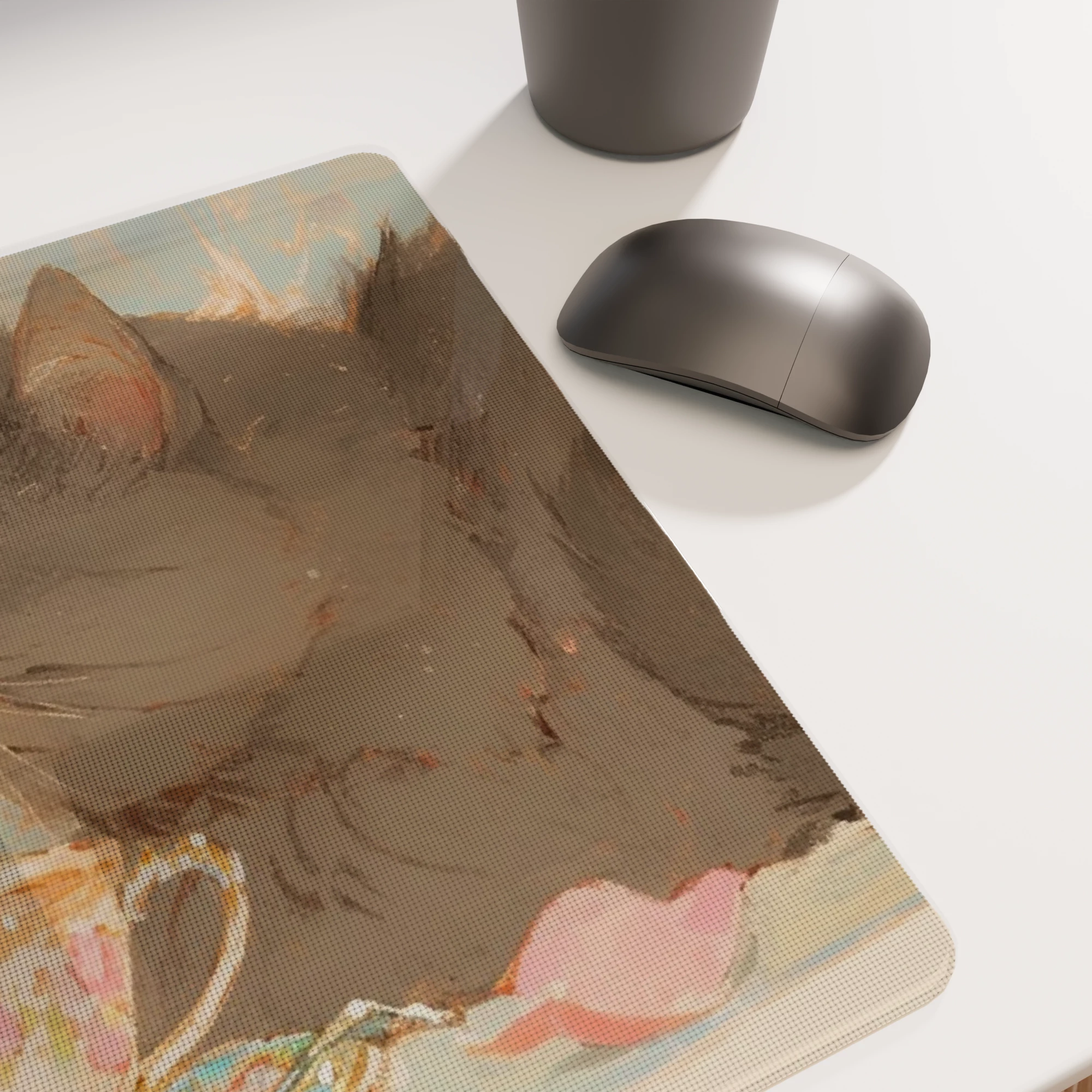 Gray Cat with Tea Cup Illustration Glass mouse pad - Image 3