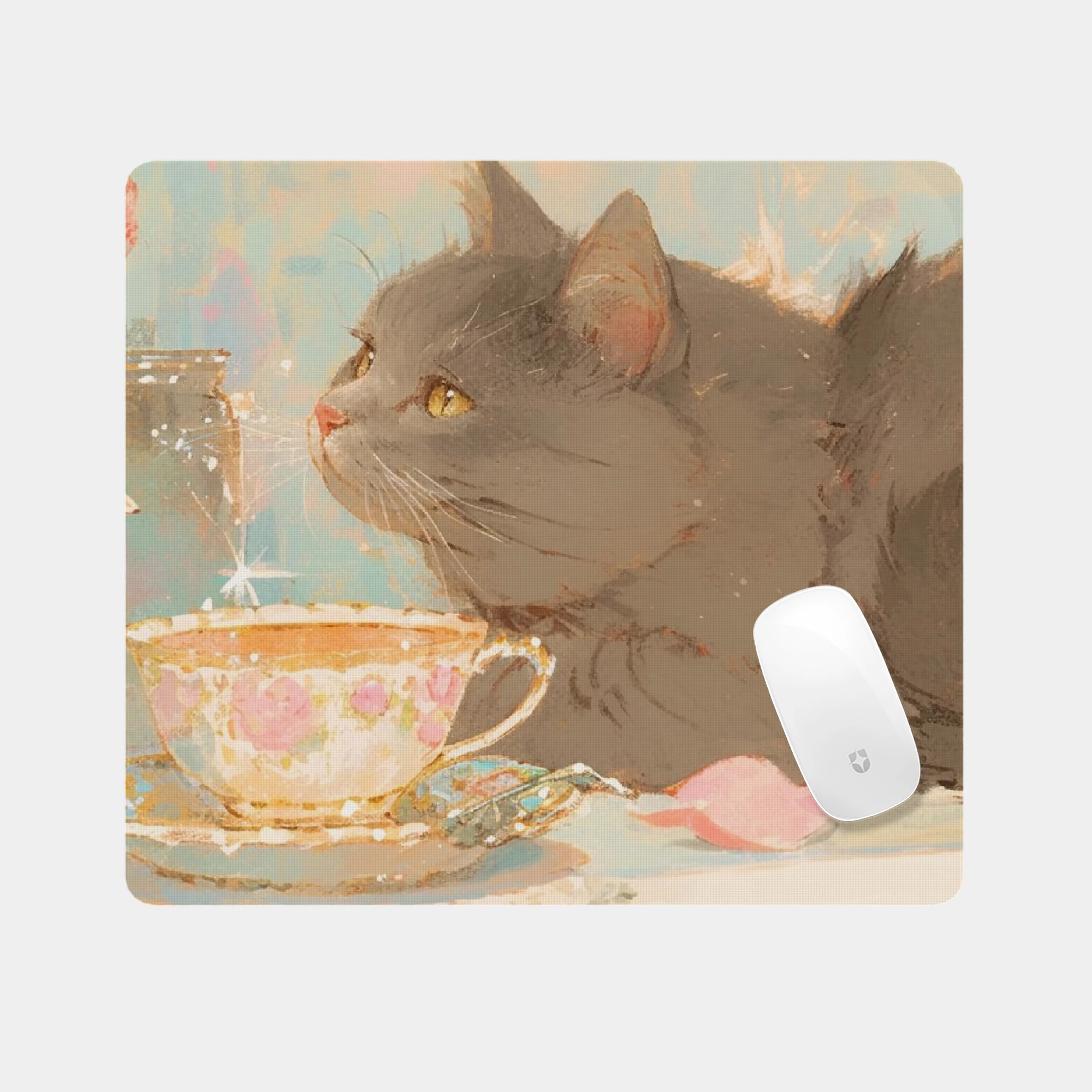 Gray Cat with Tea Cup Illustration Glass mouse pad