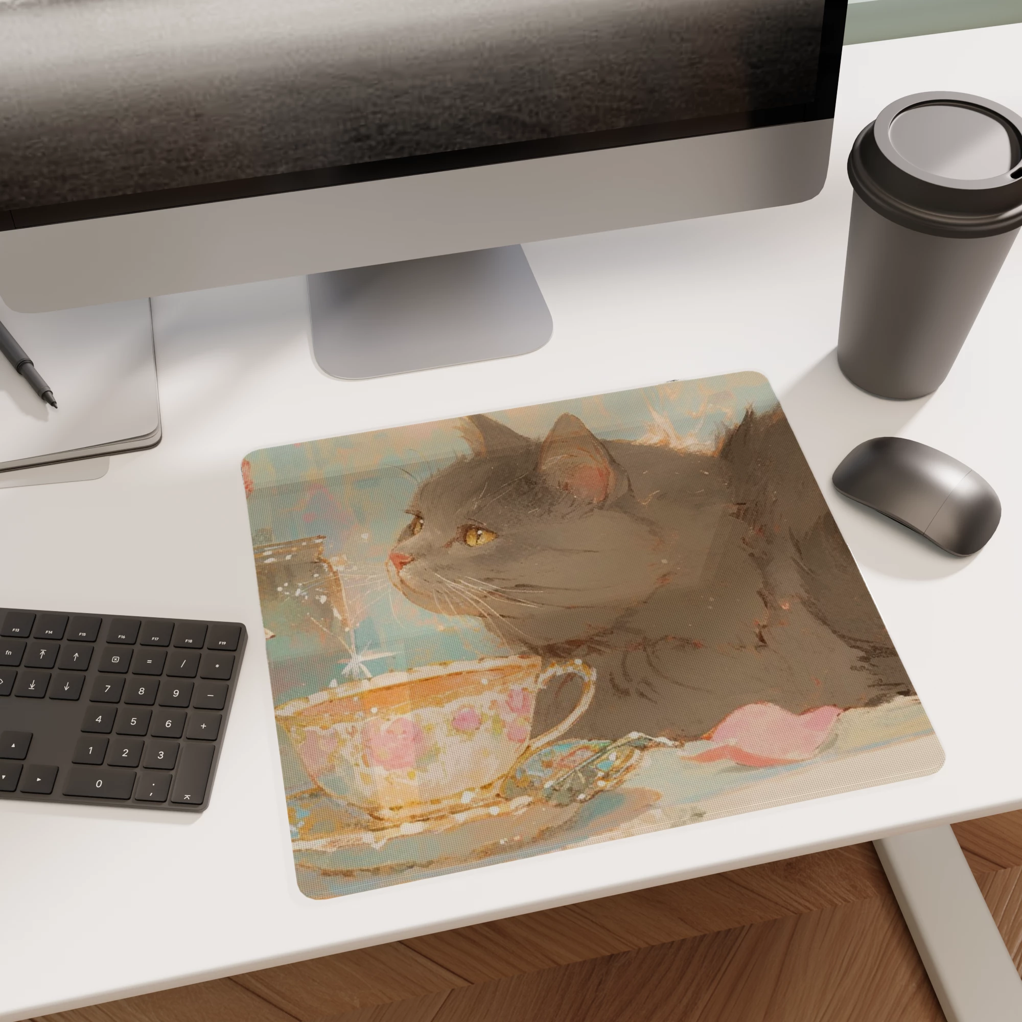 Gray Cat with Tea Cup Illustration Glass mouse pad - Image 2