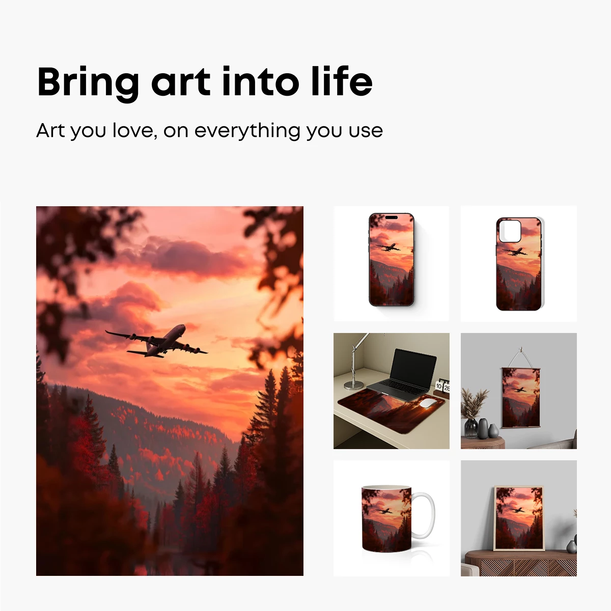 Airplane Silhouette at Sunset Through Autumn Forest - Image 2