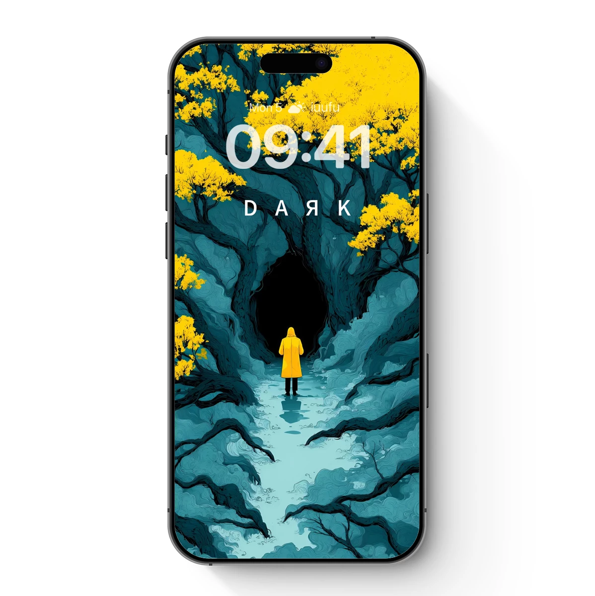 Mysterious Yellow Raincoat in a Dark Forest Tunnel