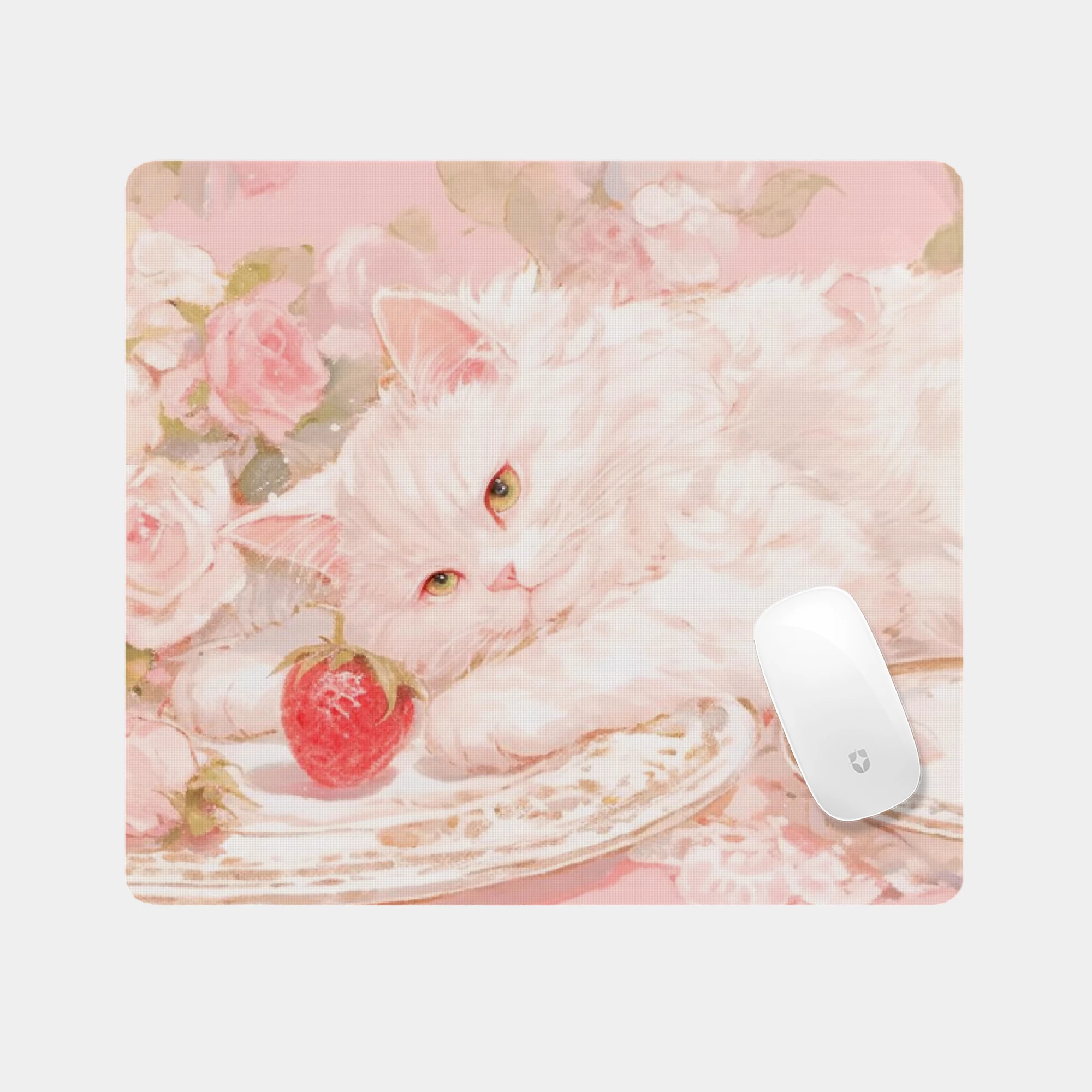 Fluffy White Cat with Strawberry Glass mouse pad