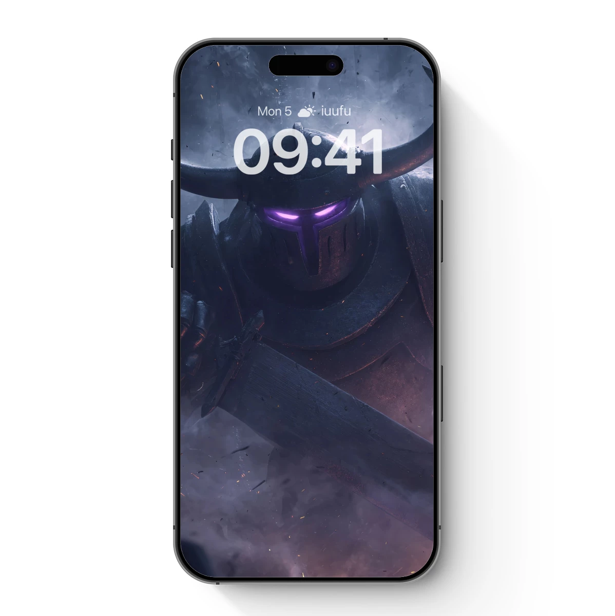 Dark Knight with Glowing Purple Eyes and Horned Helmet
