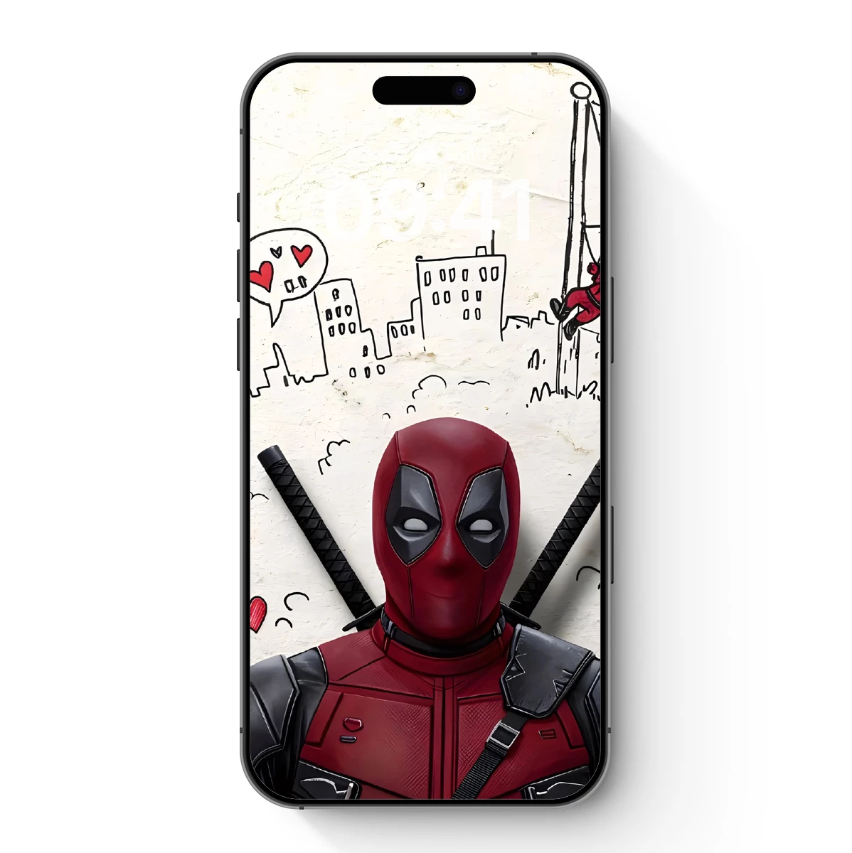 Deadpool in a Whimsical Doodle Cityscape