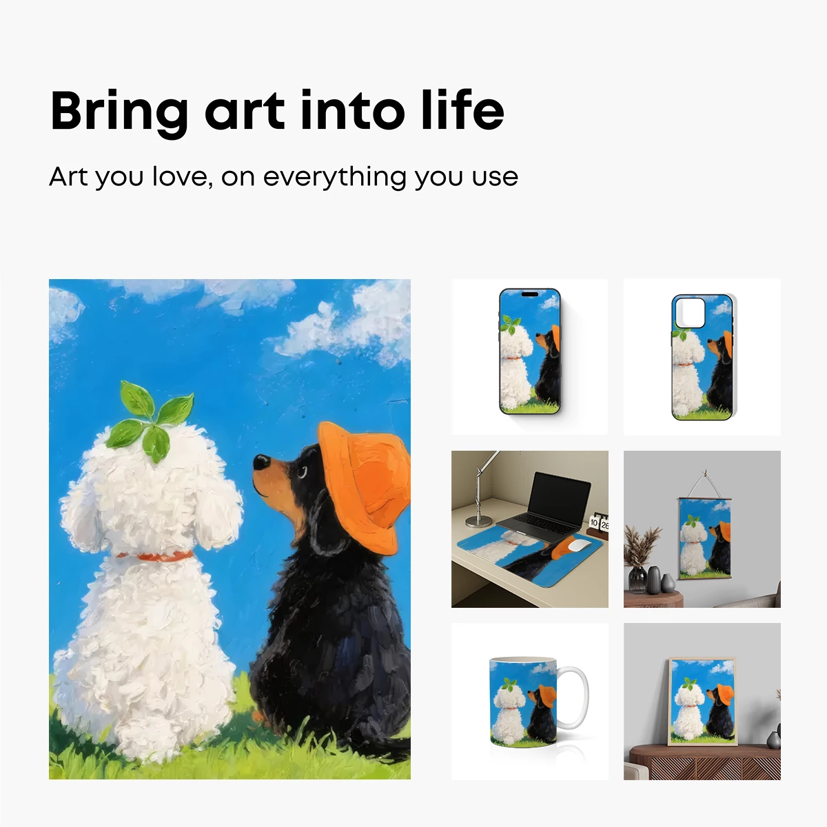 Whimsical Dog Duo in Sunlit Field: A Playful Surreal Painting - Image 2