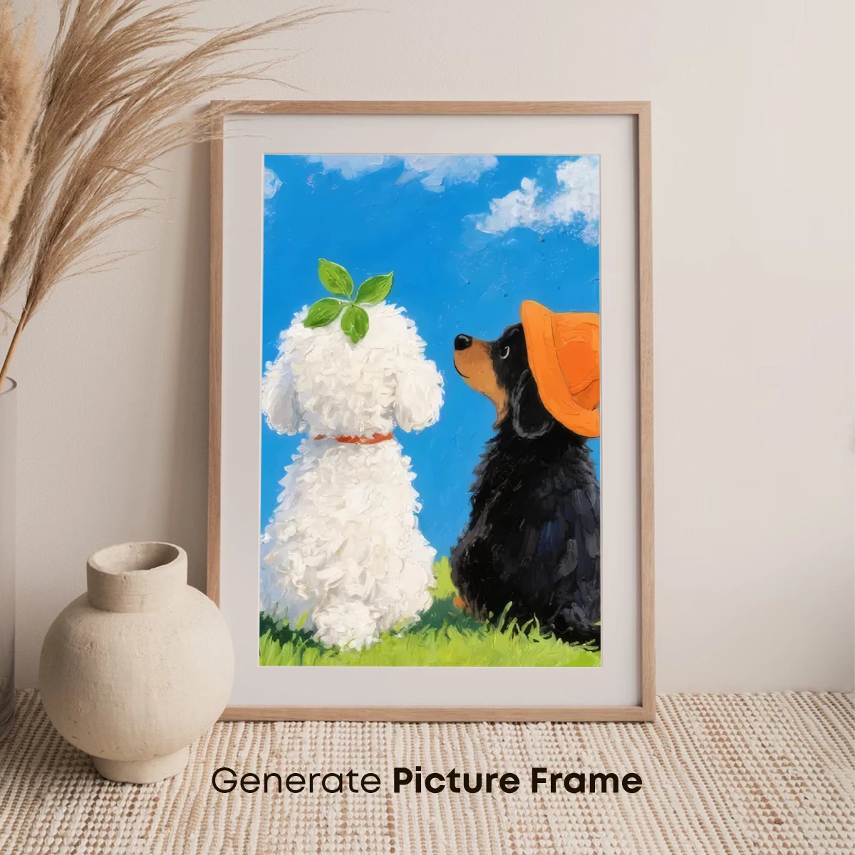 Whimsical Dog Duo in Sunlit Field: A Playful Surreal Painting - Image 7