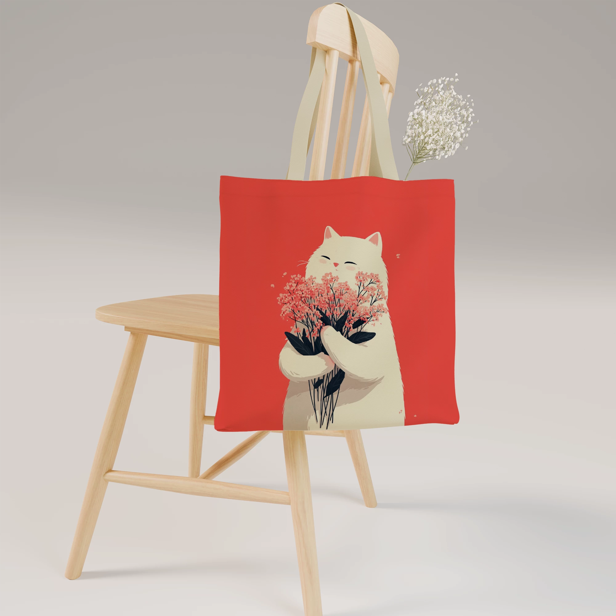 White Cat with Cherry Blossoms Canvas Bag - Image 8