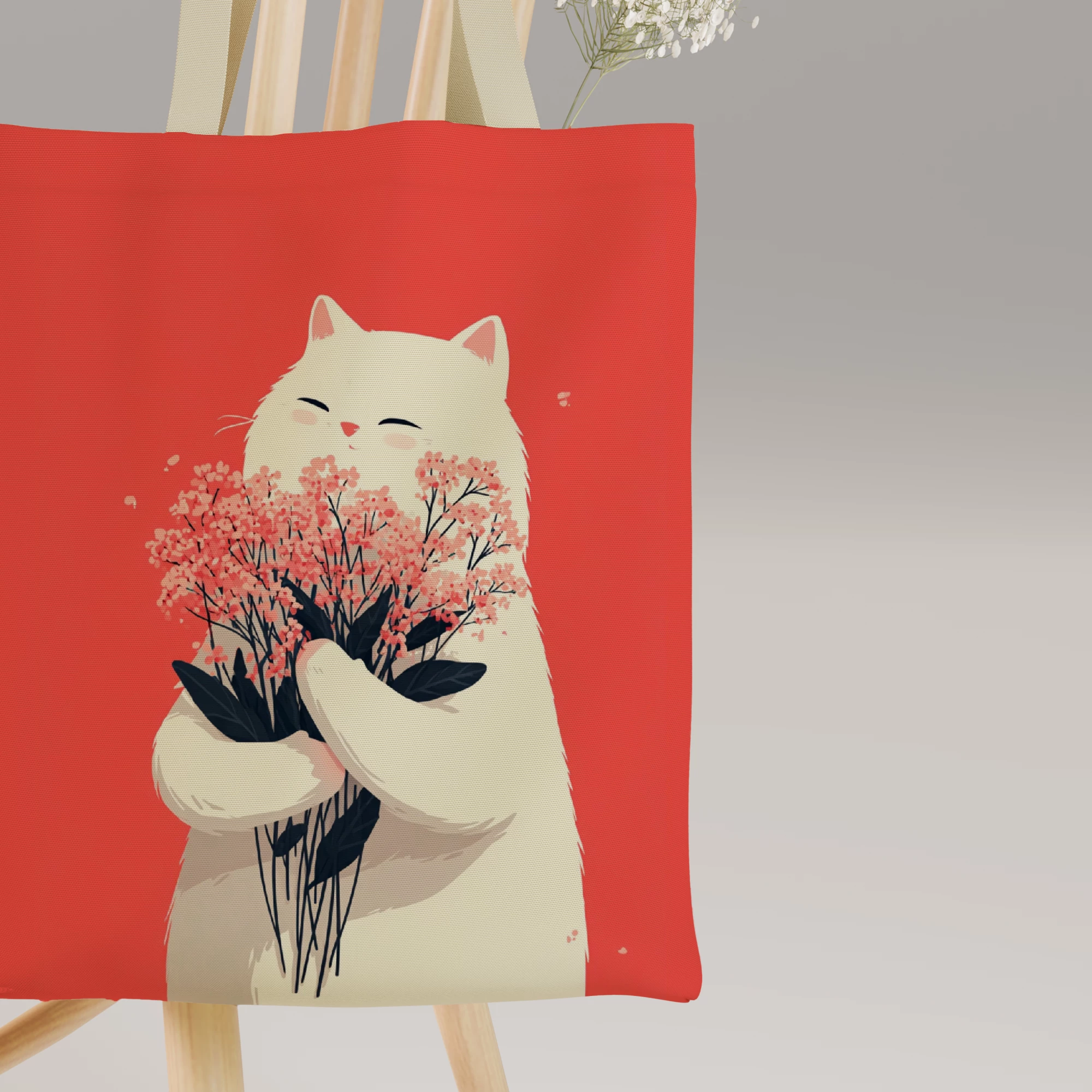 White Cat with Cherry Blossoms Canvas Bag - Image 6