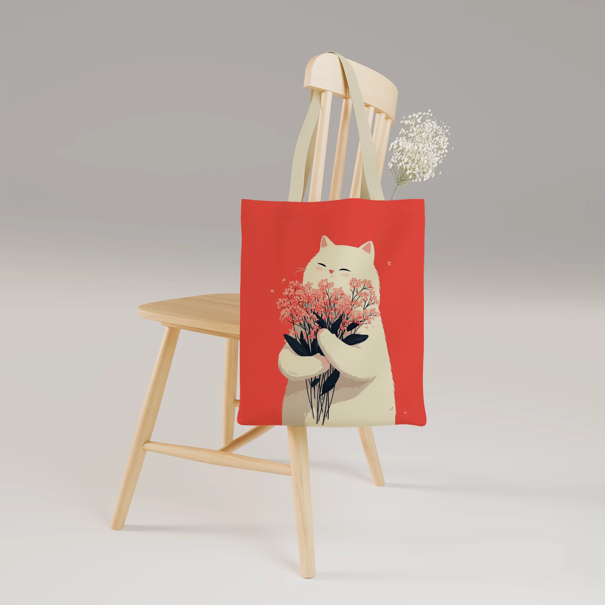 White Cat with Cherry Blossoms Canvas Bag - Image 5