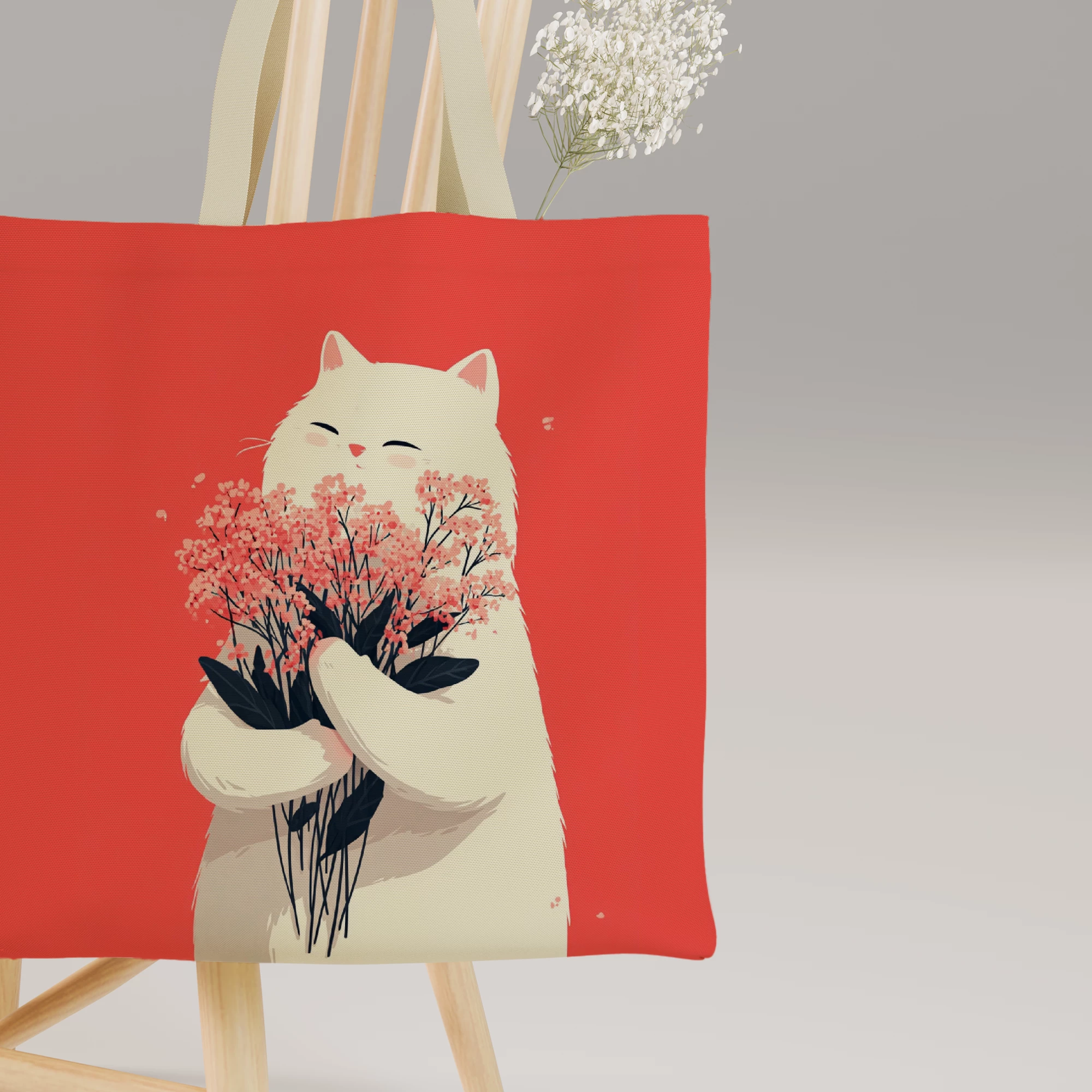 White Cat with Cherry Blossoms Canvas Bag - Image 3