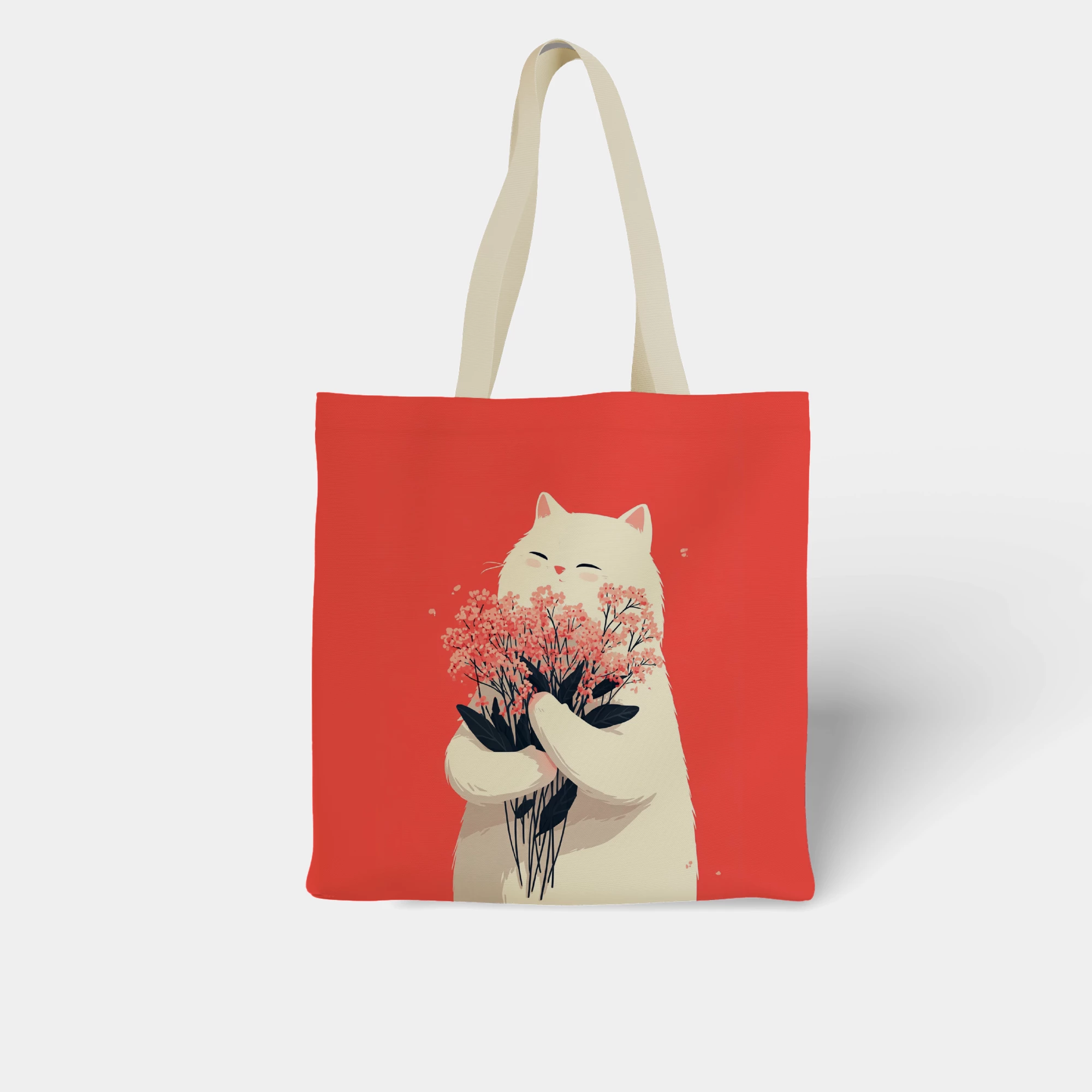 White Cat with Cherry Blossoms Canvas Bag