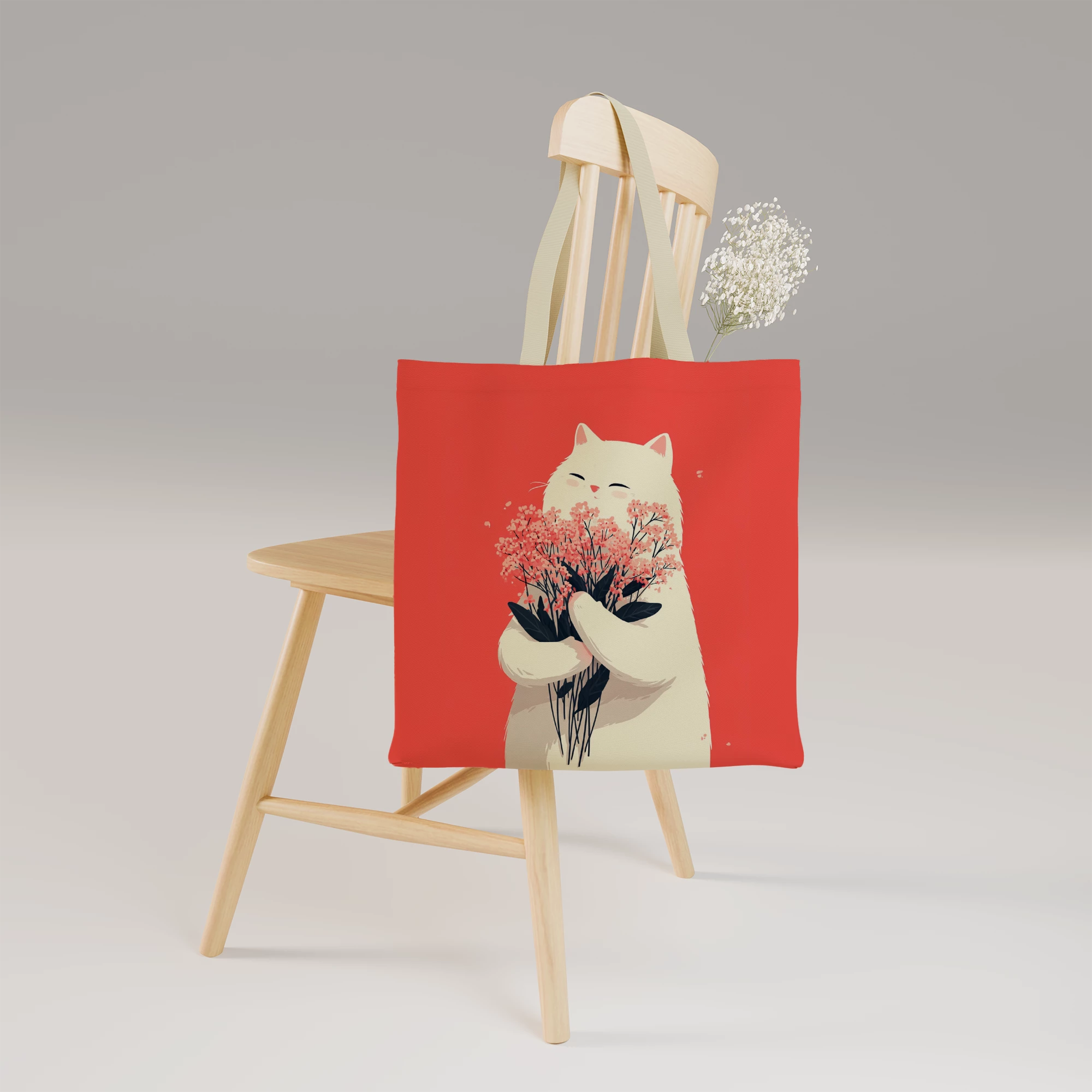 White Cat with Cherry Blossoms Canvas Bag - Image 2