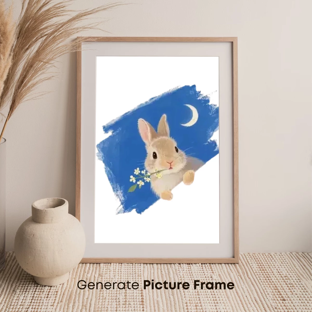 Moonlit Bunny with Flowers: Whimsical Watercolor Night Scene - Image 7