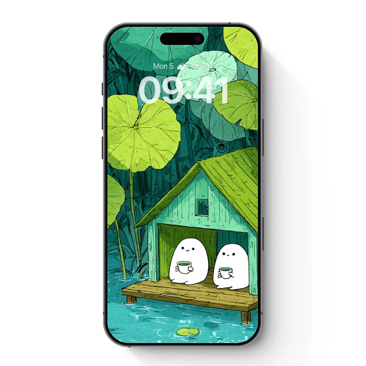 Whimsical Pond Hut with Egg-like Creatures Sipping Tea