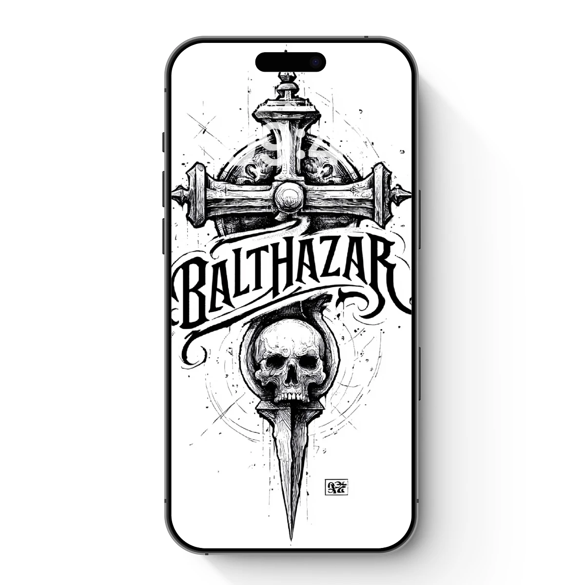 Balthazar: Gothic Skull Cross with Ornate Typography Balthazar: Gothic Skull Cross with Ornate Typography